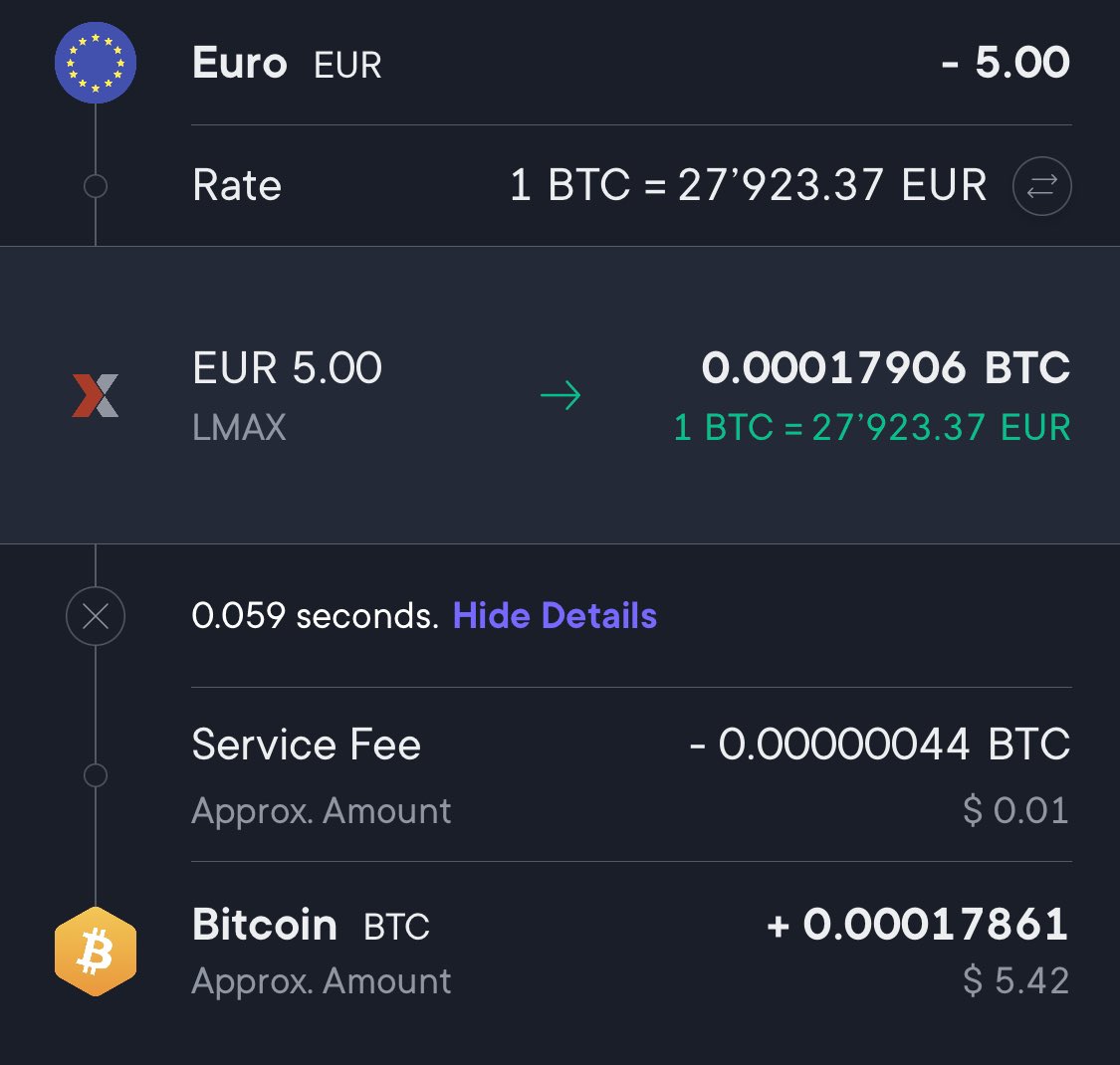 Why #Swissborg? Because #Smartengine and #Autoinvest find the best rate to invest each time every days! Exemple below: 4 consecutive days of autoinvest 5€ in $BTC, 4 different trading pairs used. Best in class and in execution!