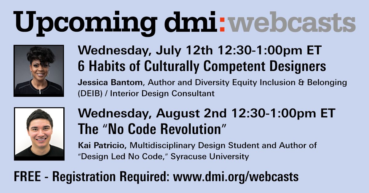The following free webcasts preview sessions that we’ll host at the dmi:Design Leadership Conference, September 26-28 in Boston.

Free - Register at: dmi.org/webcasts

#designleadership #designinnovation #designmanagement #designequity #designthinking