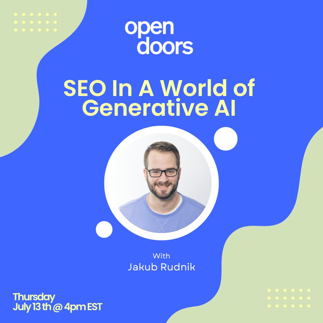 🎉 Join us for Open Doors on July 13th at 4pm EST! 🌟 Guest speaker Jakub Rudnik from ActiveCampaign will discuss #SEO and #AI. Register now! bit.ly/3JO9ZFc