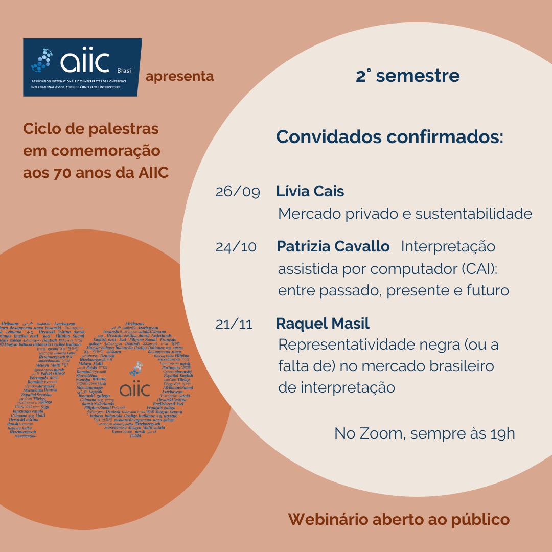 aiic_brasil's tweet photo. O 2º ciclo de palestras em comemoração à #aiic70 está chegando! Já coloque na agenda, pois os temas são muito relevantes para a atualidade da interpretação no Brasil e no mundo.#aiic #whyAIIC #interpreting #translation #xl8 #1nt #sl1nt #vidadeinterprete #terplife https://t.co/vAGH5dYFe8