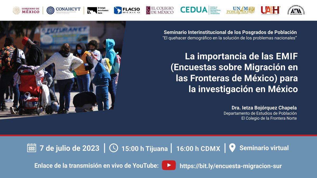 elcolef's tweet image. #EnVivo 🚨 Del Seminario Interinstitucional de los Posgrados de Población invitamos a la conferencia de la Dra. Ietza Bojórquez:  La importancia de las #EMIF para la investigación en México 📊

Ahora en YouTube ➡️ youtube.com/watch?v=ZEb63x…

@CEDUAcolmex @elcolmex