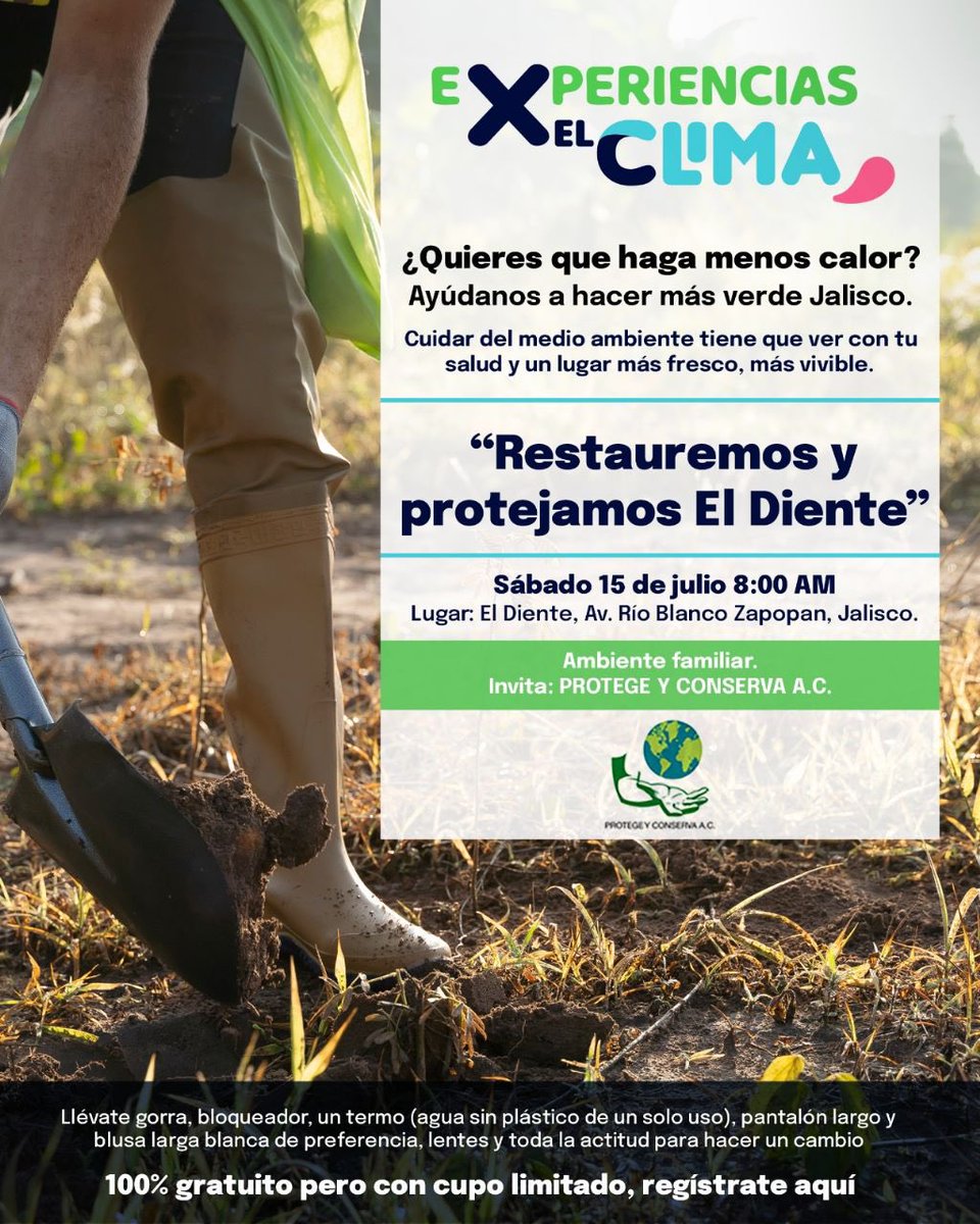 Súmate a esta *EXPERIENCIA X EL CLIMA* en JALISCO*

🗓 Sábado 15 julio
🕔 8 am - 12 pm
📍El Diente Av. Río Blanco, Zapopan, Jalisco

Regístrate aquí 
*forms.gle/GroFMC2aiwn5AM…*

Sigue nuestras redes sociales
*linktr.ee/votoxelclima*