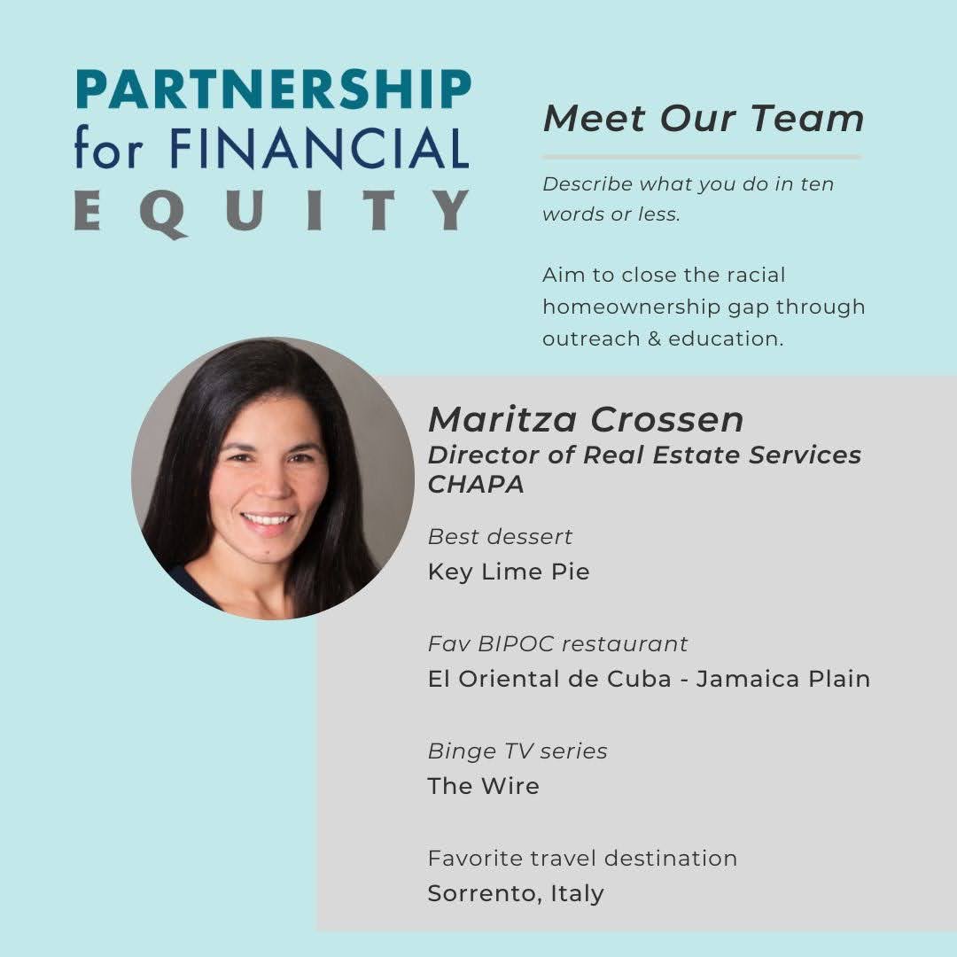 Fin_Equity's tweet photo. As Director of Strategic Initiatives Maritza oversees @CHAPAdotorg’s 40B homeownership portfolio, working towards the goal of closing the racial homeownership gap. Maritza serves with us on the new Council to Advance Residential Equity @TheAppraisalFdn. #mapoli #FinEquity https://t.co/3sULhapL5T
