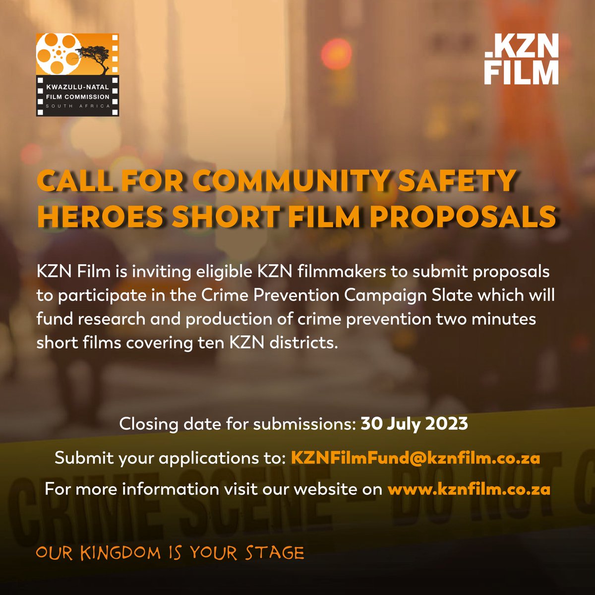KZN Film is inviting eligible KZN filmmakers to submit proposals
to participate in the Crime Prevention Campaign Slate which will fund research and production of crime prevention two minutes short films covering ten KZN districts.