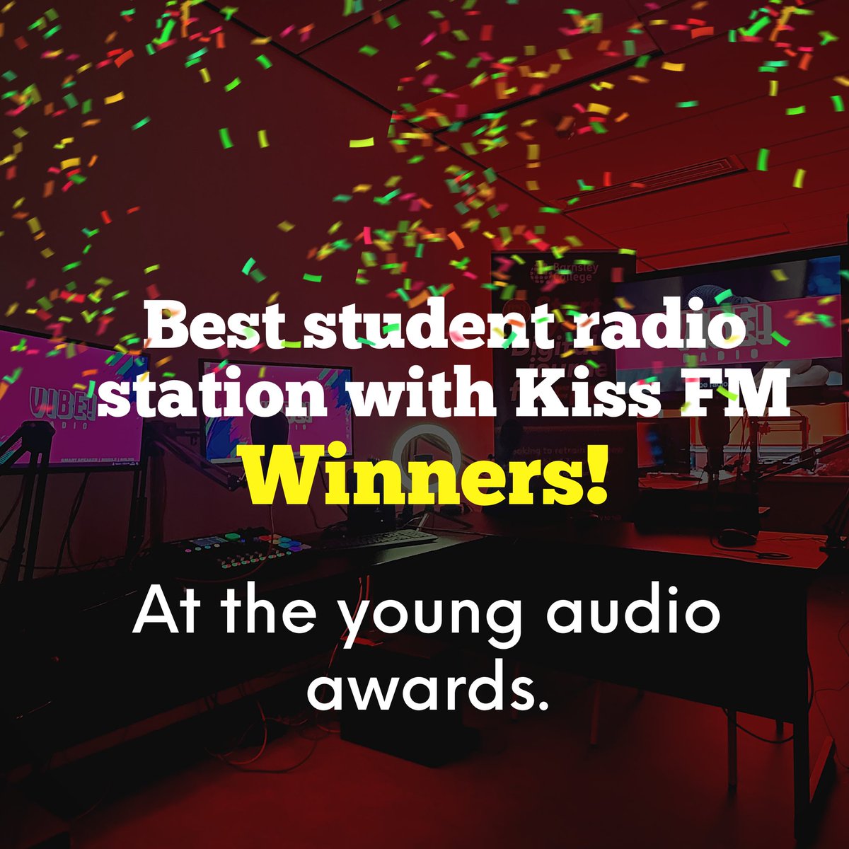 Vibe radio are the WINNERS! Of best student radio station of the year with @kissfmuk  

We are absolutely over the moon to win this. A massive thank you to <a href="/youngaudioaward/">Young Audio Awards</a> and @kissfmuk also to <a href="/StephanieHirst/">Stephanie Hirst</a> 

#YA23 #vibebarnsley #radio #audio #broadcast #kissfm