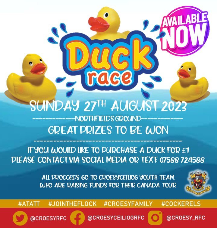 CroesyRFC's tweet photo. The Great Croesy Duck Race is Back! This year's race will help raise funds for our Youth's summer tour to Canada. If you would like to purchase a duck please get in touch via our social media pages or by speaking to our team manager Beth 🐓🏉🇧🇪🏉🐓 #ATATT https://t.co/ClLQBzAYTv