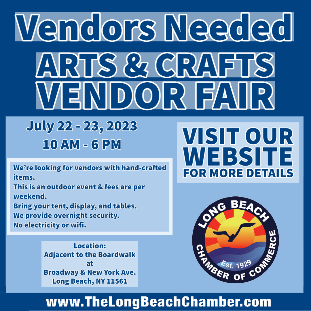 LBNYChamber's tweet photo. Vendors Needed - Arts &amp; Crafts Vendor Fair
The Long Beach, NY Chamber of Commerce Arts &amp; Crafts Vendor Fair 
July 22nd &amp; 23rd 2023
10 AM - 6 PM
For more information > https://t.co/2CqPoOBs4K
Located adjacent to the Boardwalk at
Broadway &amp; New York Ave., Long Beach, NY https://t.co/VFmSGyPUYA