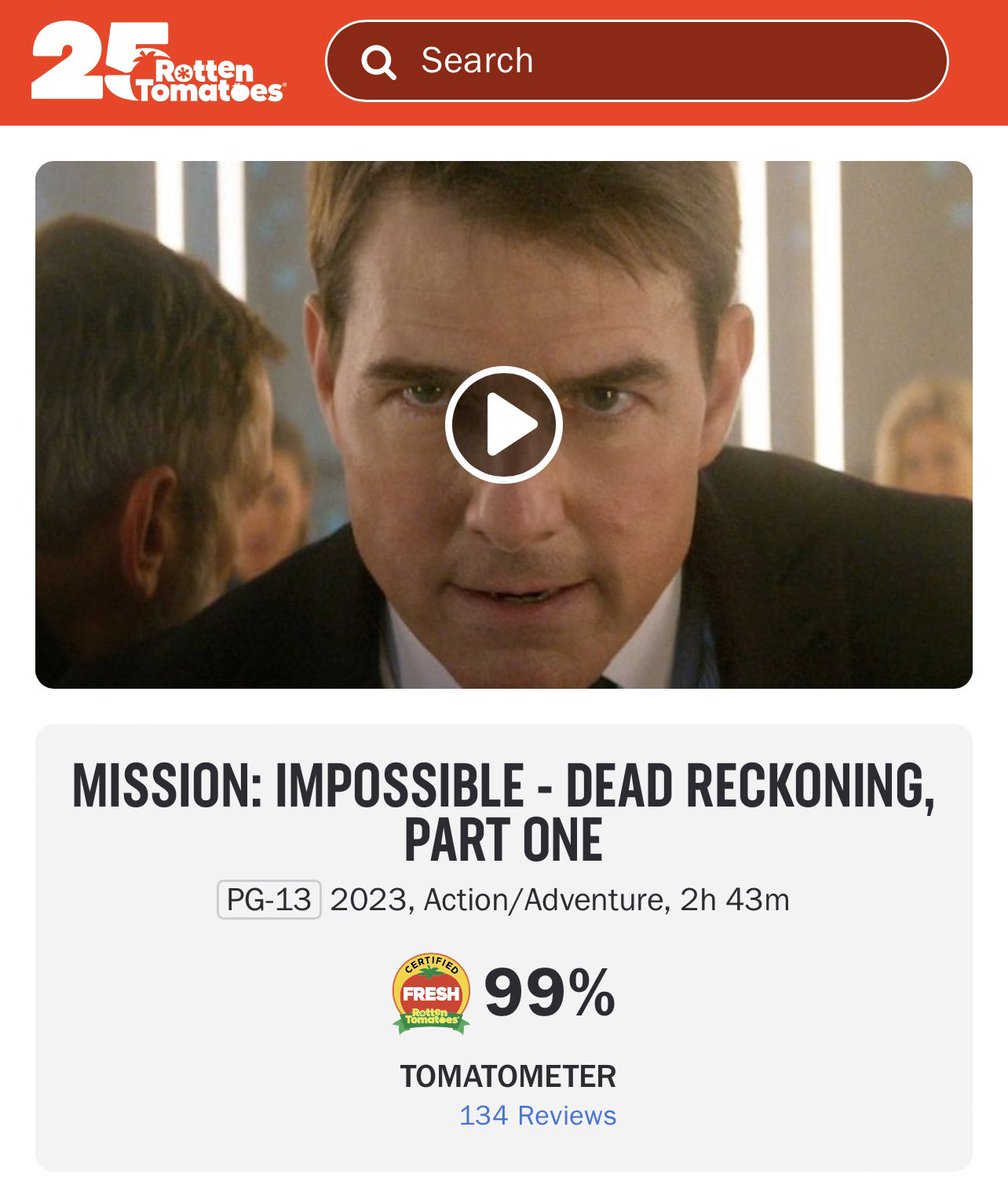 This mission is now 99% #CertifiedFresh on @RottenTomatoes! 🍅 Get tickets now for #MissionImpossible  – Dead Reckoning Part One and see it in theatres Wednesday. missionimpossible.com