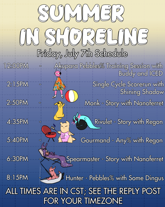 RWSpeedrunning's tweet photo. It is finally time! After weeks of hard work and preparation we are ready to begin Summer in Shoreline! Join us shortly for our first run, and stick around for tons more! #Rainworld https://t.co/7YH5YcXjmB
