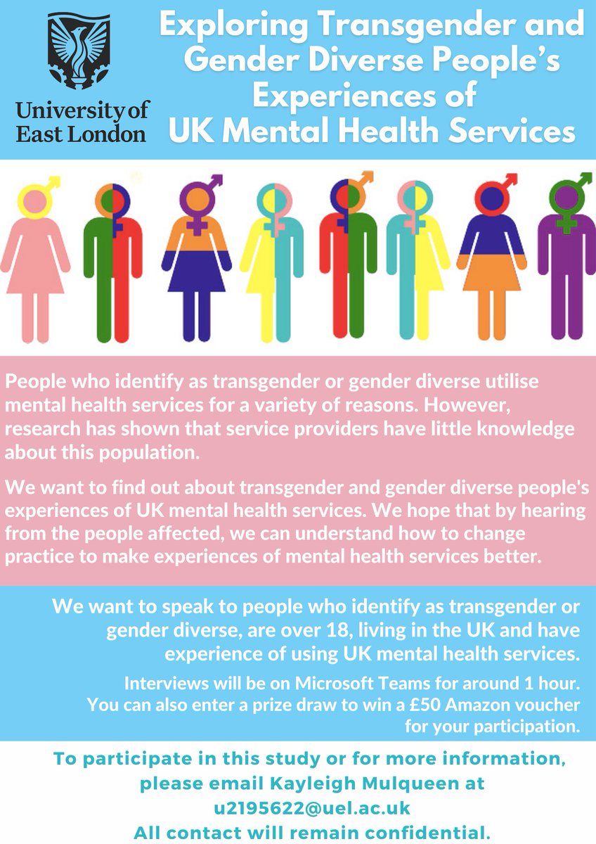 I'm recruiting trans and gender diverse identifying folks who have experiences of using UK mental health services for my thesis. 
If you are over 18 and would like to talk about your experiences of using mental health services, please email me on u2195622@uel.ac.uk. Please share!