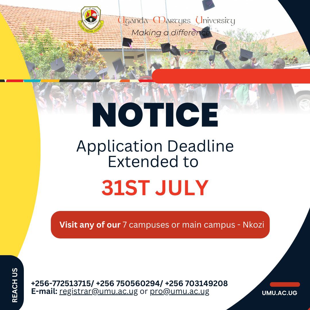 The management of @umunkozi has extended the deadline for admission to the 31st July 2023 for the august intake. 
Apply today and join the only university at the equator.
@norbertmao @MauriceMugisha @RobertKitabalwa @SMASK_School @GabrielBuule @nbstv #umuAt30