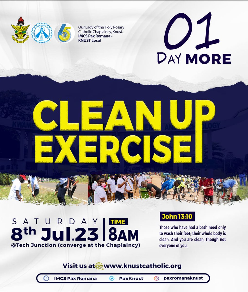 ANNIVERSARY CLEAN-UP EXERCISE
 
0️⃣1️⃣ DAY MORE🥳🥳🔥
0️⃣1️⃣ DAY MORE🥳🥳🔥
0️⃣1️⃣ DAY MORE🥳🥳🔥

See you there 💃💃💃🥳🥳
Thumbs up 👍

#CatholicTwitter #catholicstudents #student #imcs #knust