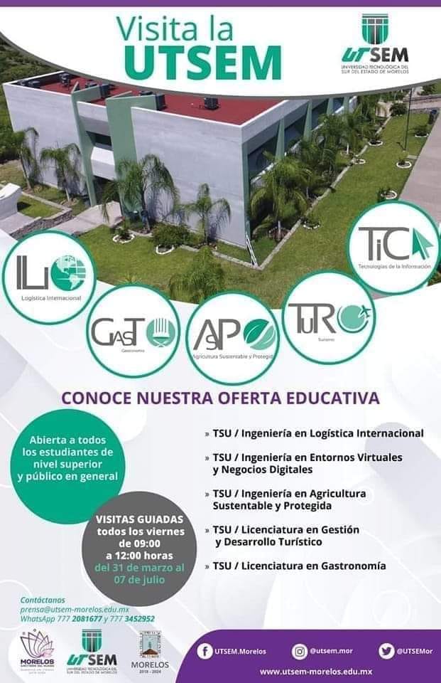 GobiernoMorelos's tweet photo. Visita la #UTSEM y conoce la calidad de los programas educativos, el profesionalismo de nuestros docentes y el ambiente de nuestra Institución.
¡Te Esperamos! https://t.co/a5m6VK00gQ