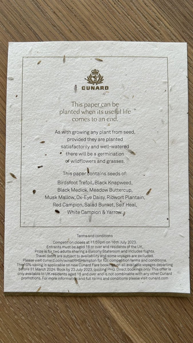 inspired2cruise's tweet photo. As seen at the Hampton Court Flower Festival. Love this idea of wildflower seeds in a biodegradable card. Well done @cunardline https://t.co/j34LSdu6gC