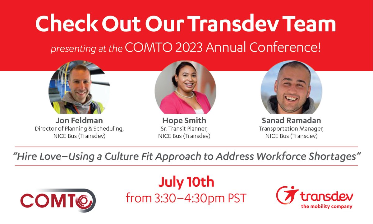 TransdevNA's tweet image. So proud that three esteemed members of our #Transdev team will be featured speakers at the #COMTO #NMTC23.  Our colleagues will share how #innovative hiring practices can address workforce challenges and support increased #DEI in #PublicTransit. #TransitJobs #ThoughtLeadership