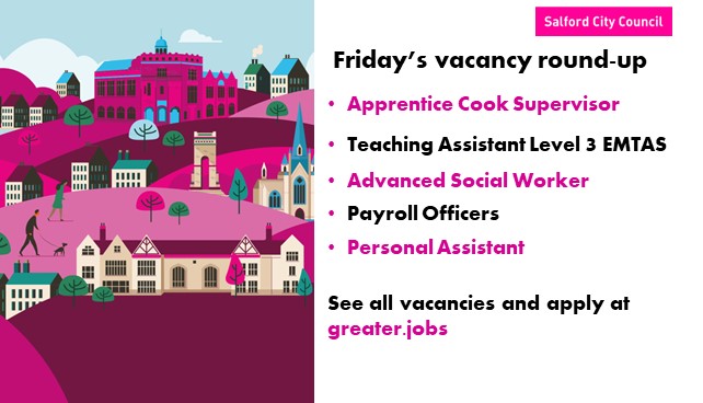 SalfordCouncil's tweet photo. Our live vacancies reflect the variety of services that we provide to our residents! Your next great job may be waiting for you here, so why not visit our website to find out more and apply to become part of #TeamSalford! https://t.co/mEjYRi0EOh