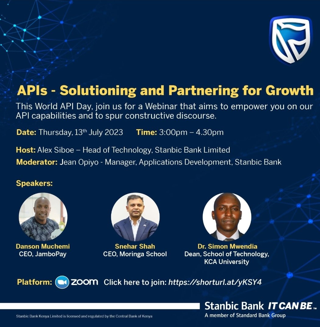 dmuchemi's tweet photo. APIs is your best Business Development officer. Join me on 13th July 2023  I tell you more.
Click here to join https://t.co/BvmdGKXLG8

 @Jambopay @StanbicKE https://t.co/P0POzSEgxg