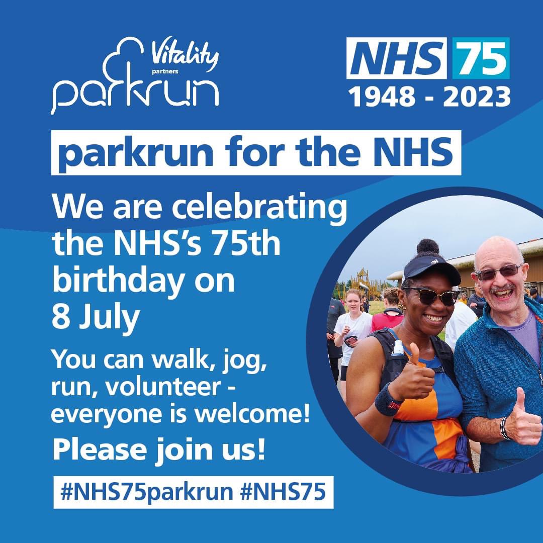 We’ve got a full volunteer roster (thanks <a href="/GoTeamRun/">GoTeamRunningClub</a>) for our #NHS75 parkrun tomorrow.
Will you be joining us?
Don’t forget to wear something blue.
#loveparkrun #NHS75
