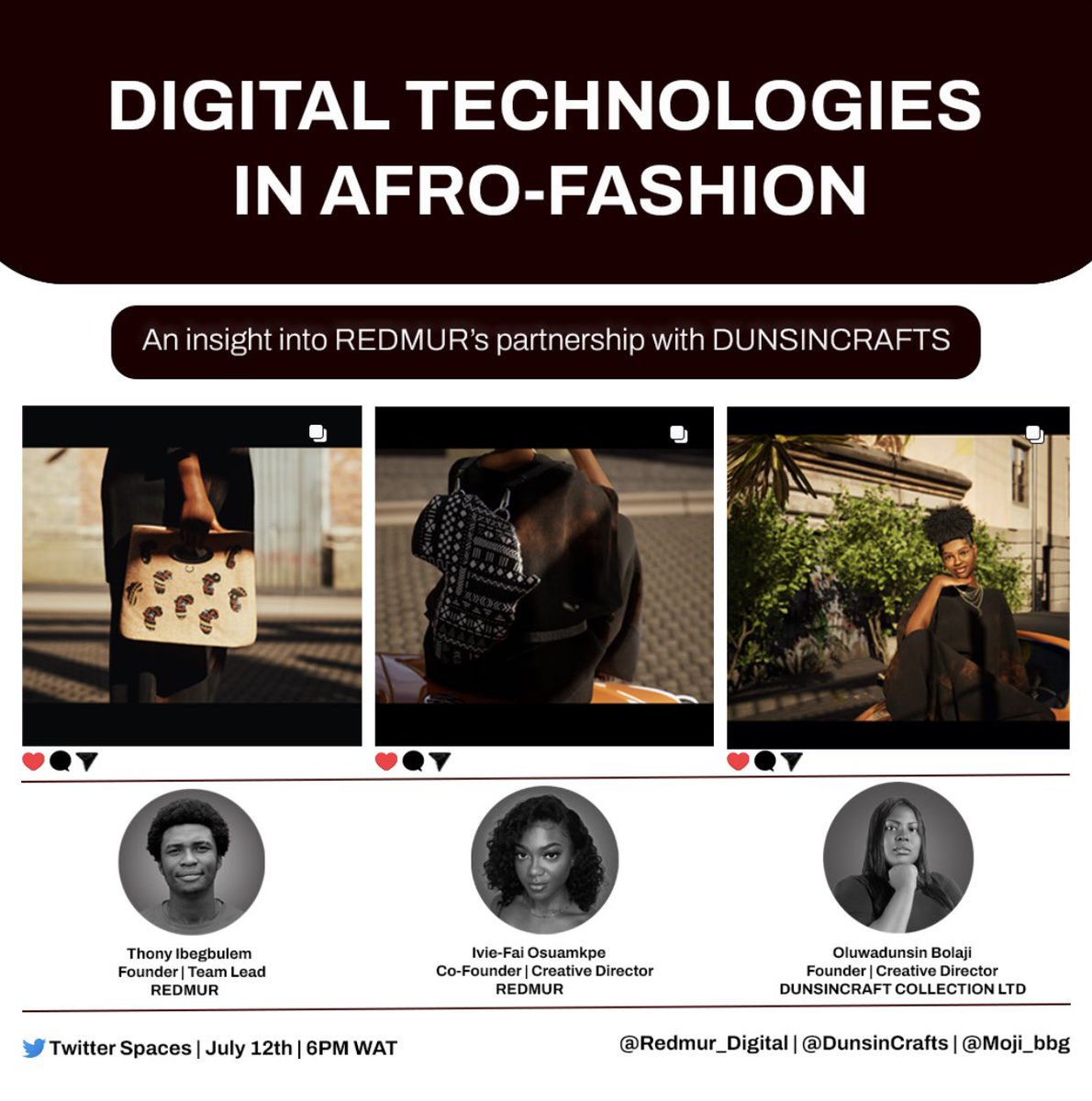 Join us at next week LIVE on Twitter as <a href="/dunsincrafts/">ANKARA BAGS</a> in partnership with <a href="/redmur_digital/">REDMUR</a> delve into "DIGITAL TECHNOLOGIES IN AFRO-FASHION".

Date: Wed 12th July 2023
Time: 6 PM (WAT)
Join: lnkd.in/dmQTCs_4

If you are in the fashion industry, you don’t want 2 miss this!