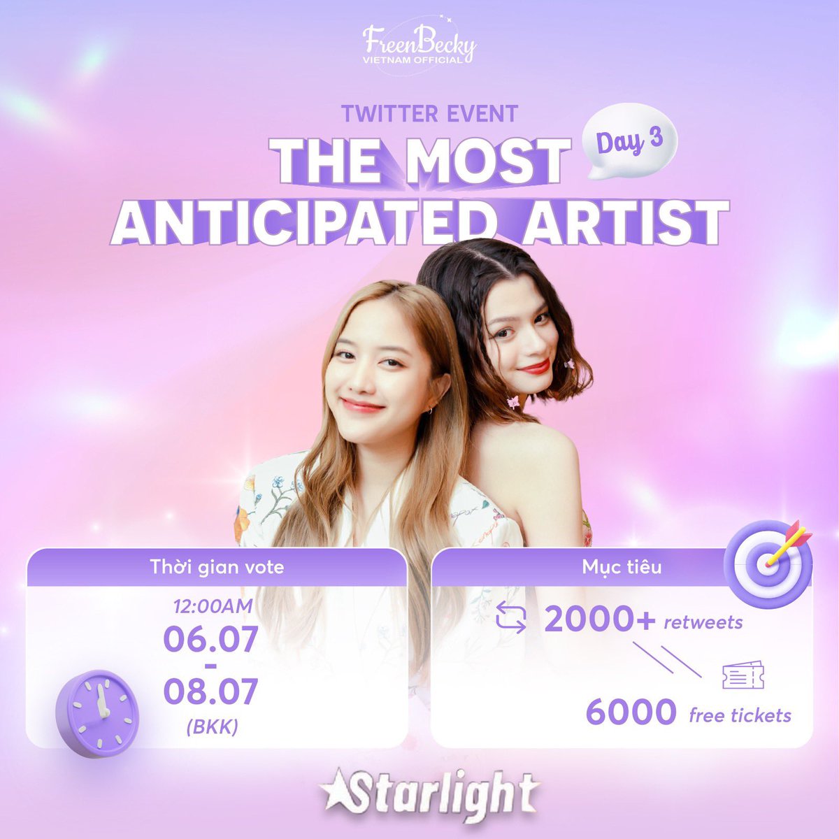 FreenBeckyVN's tweet photo. 📌 TWITTER EVENT: Starlight - THE MOST ANTICIPATED ARTIST FINAL DAY

📣 We need you! Please support us by retweeting this post and sharing it with other fans! 

Due to the confusion regarding the timing among fans, Starlight has extended the event until 13:00 on July 8, 2023. As today's time is shorter than the previous two days, we greatly need the attention and assistance from all of you. Let's achieve our goal ahead of schedule, earn the reward tickets, and create an advantage for FreenBecky at Starlight. Together, we can emerge victorious and secure this prize once again 🏆

🎯 2000 retweets for 6,000 voting tickets 🎟️

🔗 https://t.co/4046505tUy

#ฟรีนเบค #srchafreen #beckysangels
