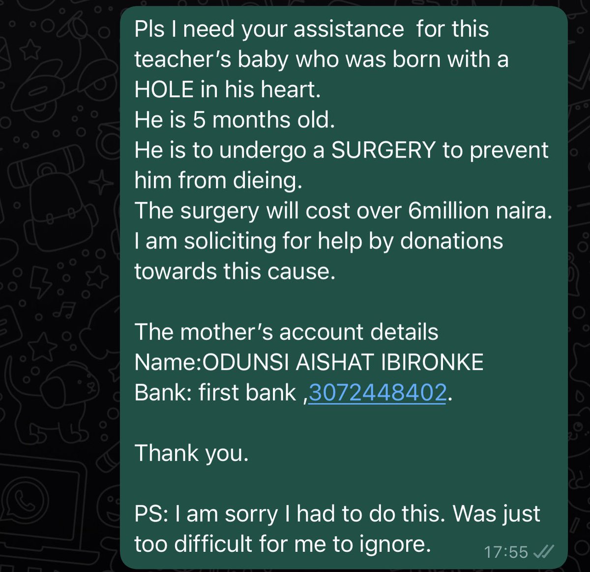 Omojuwa's tweet photo. If you can, spare a few thousands of Naira for this kid who was born with a hole in the heart. The mum is a teacher. We have done a bit but they need a lot more.
The mother’s account details
Name:ODUNSI AISHAT IBIRONKE
Bank: first bank ,3072448402. https://t.co/TdXH6GLB9m