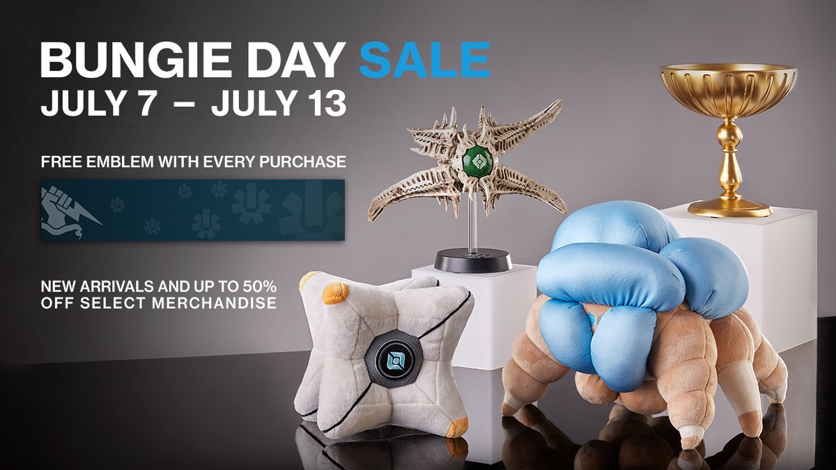 BungieStore's tweet photo. Happy Bungie Day! 

Join the celebration at Bungie Store from Jul 7-Jul 13 with brand new products, sale items up to 50% off, and a free emblem with any qualifying purchase!

https://t.co/DrWX0y6Mvj https://t.co/UHjbLlUPyz