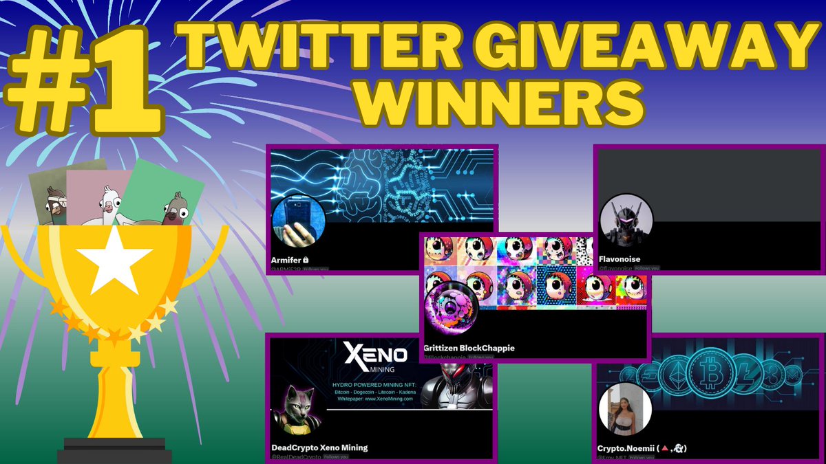 The first #GIVEAWAY has ended!
Thanks a lot to those who participated!
Stay tuned for future giveaway! 🎁
The winners are <a href="/Emy_NFT/">Crypto.Noemii (🔺,👻)</a>, <a href="/Blockchappie/">BlockChappie</a>, <a href="/flavonoise/">Flavonoise</a>, <a href="/RealDeadCrypto/">DeadCrypto</a> and <a href="/ARMiF3R/">Eric García</a> 🙌

#pigeonquest #GiveawayAlert #winners #first #NFTGiveaway #NFTCommmunity #OpenSeaNFT