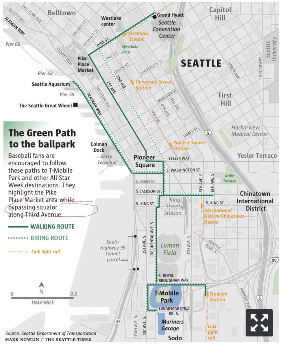 BLM1312's tweet photo. @hannahkrieg “….bypassing squalor….” map from the city. Pretty clear they want to erase how they treat unhoused and poor people. https://t.co/bKw9EugIuw