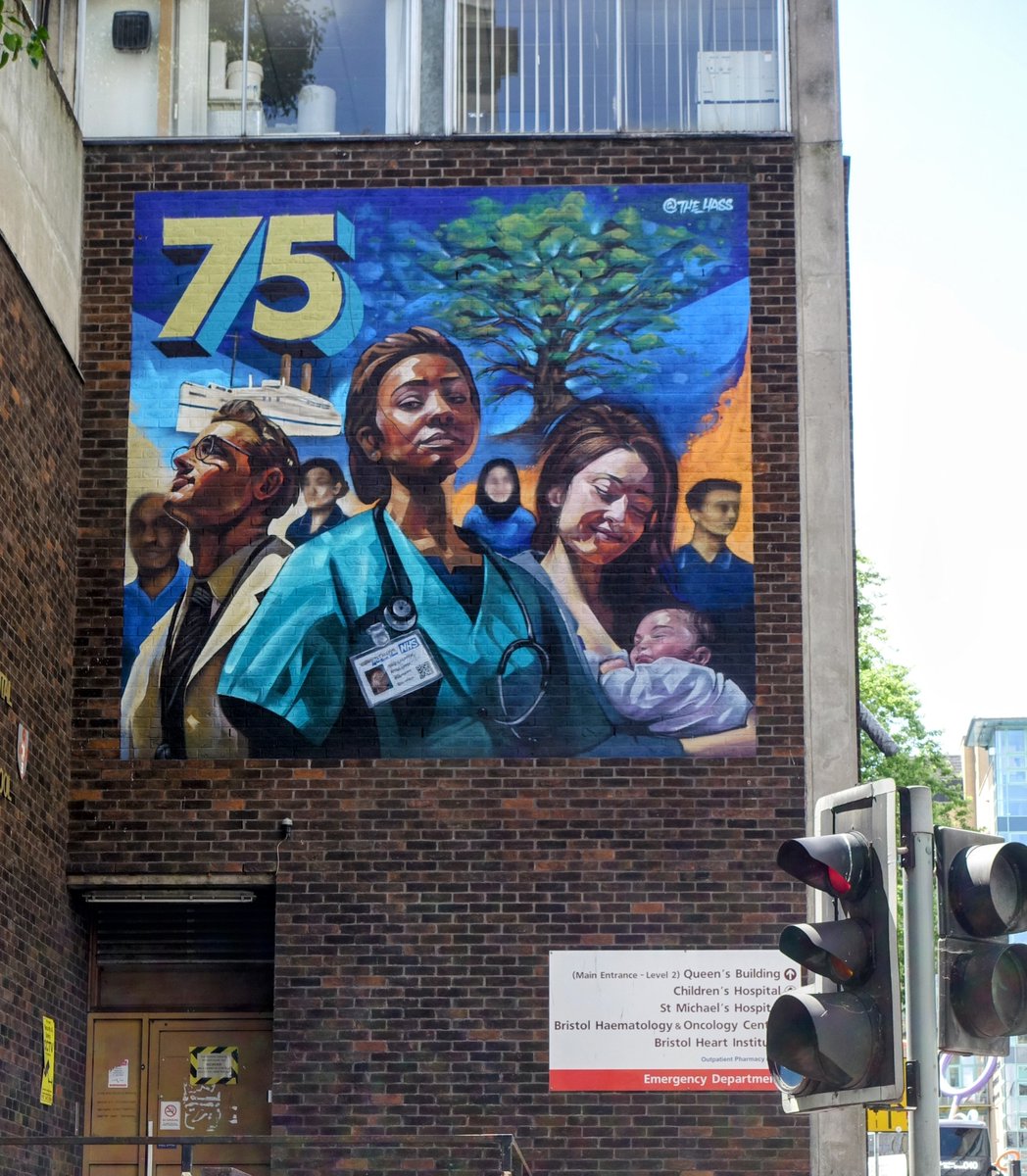 BNSSG_ICB's tweet image. What a pleasure working with Bristol's very own Hass Kamil (bit.ly/44i5YkW), NHS colleagues at @uhbwNHS, @NorthBristolNHS, @SironaCIC, @swasFT and @onecaretweets and the @Upfest team to deliver this superb #NHS75 tribute. Happy birthday NHS! @nhsssw @HTBNSSG