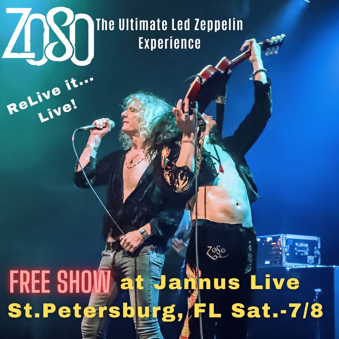 ZoSo (@zosoontour) on Twitter photo Tomorrow night, July 8th! St Petersburg, Florida. A rare FREE SHOW at <a href="/JannusLive/">Jannus Live</a> ! Come Relive it Live with us. The Look, The Sound and The Majesty! Two hours of your favorites and deep cuts from the Led Zeppelin catalog. Photo by B. Ouellette Photography Tomorrow night, July 8th! St Petersburg, Florida. A rare FREE SHOW at <a href="/JannusLive/">Jannus Live</a> ! Come Relive it Live with us. The Look, The Sound and The Majesty! Two hours of your favorites and deep cuts from the Led Zeppelin catalog. Photo by B. Ouellette Photography