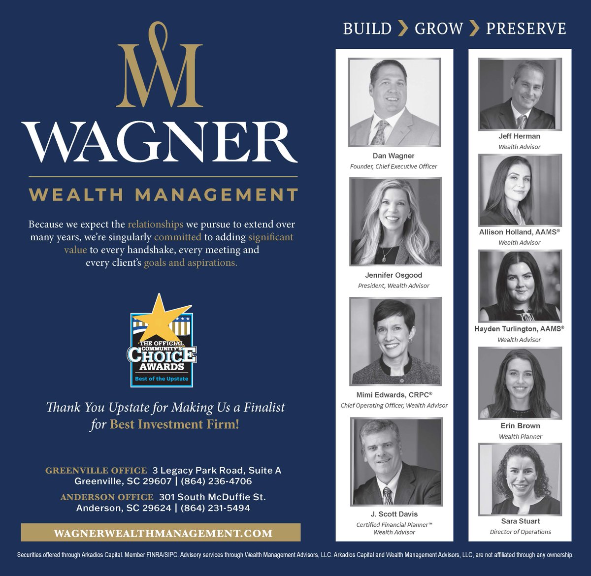 Wagner_Wealth's tweet photo. What an honor! We're one of three finalists for "Best Investment Firm" in the 2023 Best of the Upstate Community's Choice Awards. Many thanks to our clients, business partners, and friends who gave us your vote! https://t.co/2CnRkEND4x