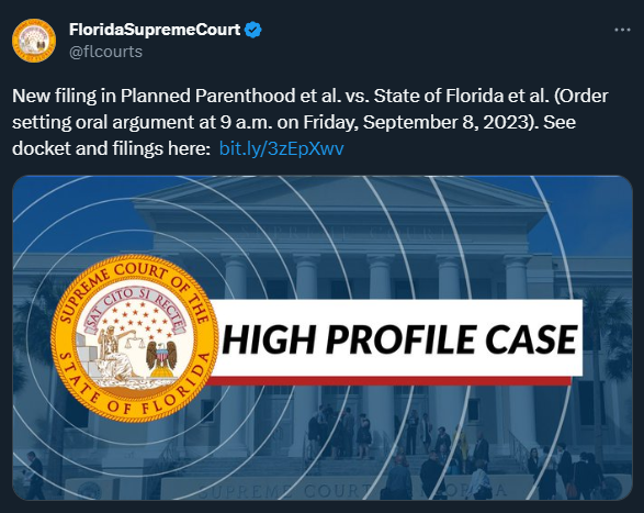 PPFLAction's tweet photo. COURT UPDATE: The Florida Supreme Court has scheduled oral arguments for the lawsuit challenging the 15-week abortion ban for Sept. 8th. Abortion remains legal in Florida until 15 weeks. Visit https://t.co/tJphjgjbKQ or call 1-800-230-PLAN to find a trusted abortion provider. https://t.co/j5jgmzYE3z