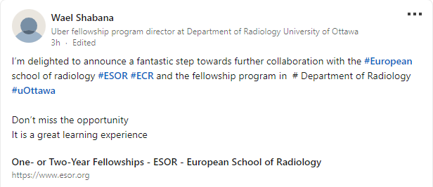 uOttawa Dept. Radiology, Rad Onc & Medical Physics (@uottawarad) on Twitter photo Exciting news! We are thrilled to share that we are embarking on an exciting collaboration with the #Europeanschoolofradiology #ESOR and the fellowship program in our Department <a href="/uOttawaRad/">uOttawa Dept. Radiology, Rad Onc & Medical Physics</a>!
Don't miss the opportunity! For more information please visit esor.org/training-progr… Exciting news! We are thrilled to share that we are embarking on an exciting collaboration with the #Europeanschoolofradiology #ESOR and the fellowship program in our Department <a href="/uOttawaRad/">uOttawa Dept. Radiology, Rad Onc & Medical Physics</a>!
Don't miss the opportunity! For more information please visit esor.org/training-progr…