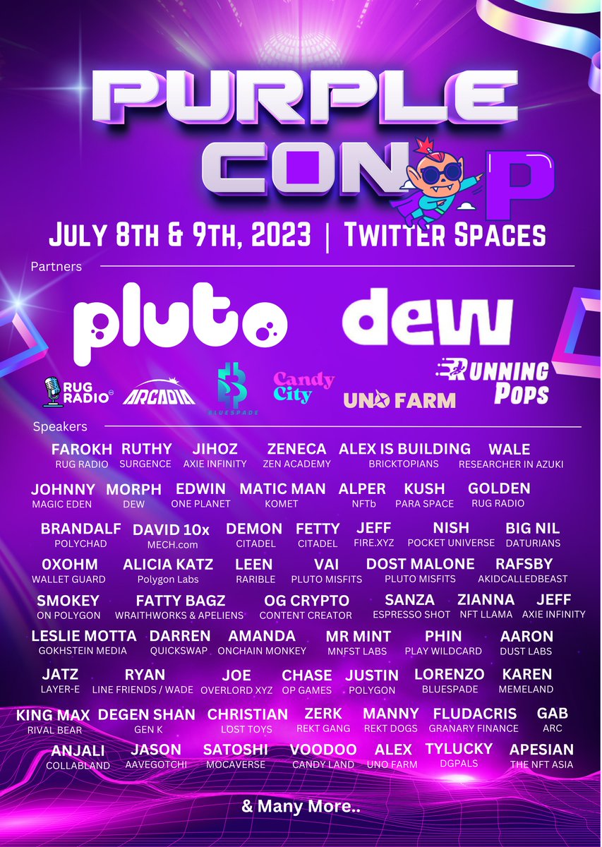 pukecast's tweet photo. ARE YOU READY FOR 🟪PURPLE CON?!

Date: 8th &amp; 9th July
Time: 9am - 12am EST 
Host: @pukerrainbrow &amp; @meaveknowsnfts 
Location: @pukecast (Twitter spaces)

More details below 🧵👇👇 https://t.co/6ORgKVaN02