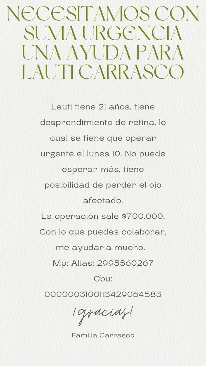 Ayudarían mucho con RT.

CVU:
0000003100020050460946
Muchísimas Gracias🙏🏼