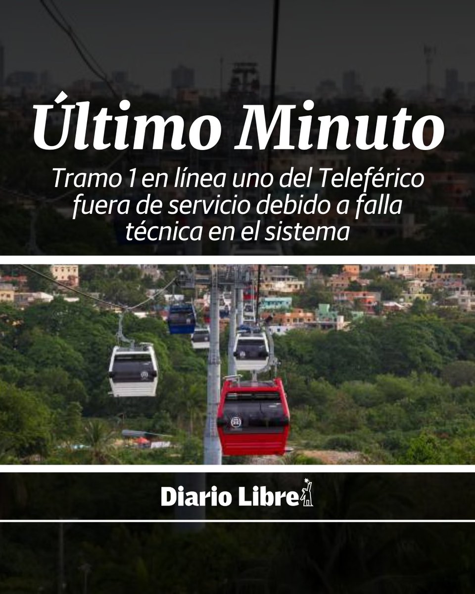 DiarioLibre's tweet photo. 🔴| #ÚltimoMinutoDL | Se encuentra temporalmente fuera de servicio debido a una falla técnica en el sistema, el tramo 1 de la Línea 1 del Teleférico de Santo Domingo desde la estación Gualey hasta Sabana Perdida.

Noticia en desarrollo… 

#DiarioLibre #ActualidadDL #CiudadDL #Opret #TelefericoSD