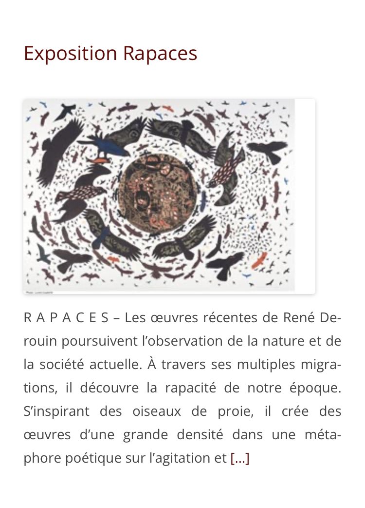_jeangauthier's tweet image. R A P A C E S
– Les #œuvres récentes de René Derouin poursuivent l’observation de la #nature et de la #société actuelle

À travers ses multiples #migrations, il découvre la #rapacité de notre #époque

S’inspirant des #oiseaux de #proie, il crée des œuvres

vu.fr/EChuV