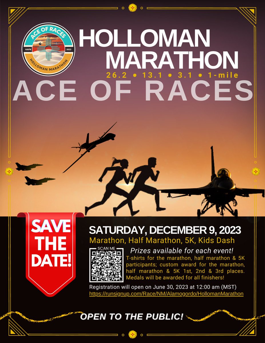 Registration is now open for the Ace of Races Marathon at #HollomanAFB on Dec. 9, 2023. This event is open to the public with options for a full or half marathon, 5K, or a 1 mile kids dash. Prices go up after Aug. 31 so sign up now at runsignup.com/Race/NM/Alamog…
