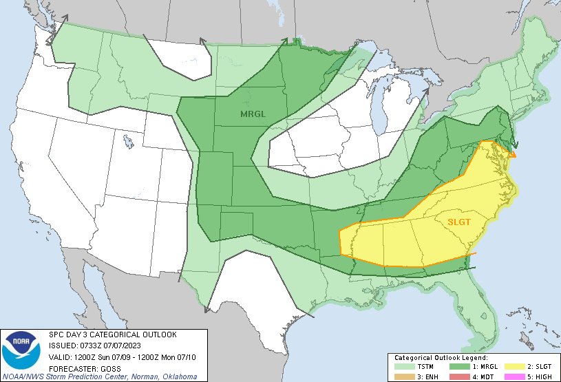 2:34am CDT #SPC Day3 Outlook Slight Risk: across an area encompassing the Appalachians, Gulf Coast, as well as East Coast states, and the vicinity. A marginal risk also exists for most of Kentucky and Ohio. https://t.co/NCZHbpXpcs https://t.co/bCwrSaQphQ