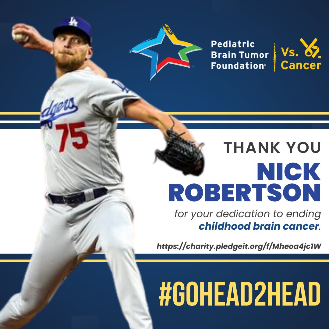 .<a href="/Dodgers/">Los Angeles Dodgers</a> pitcher <a href="/nprobertson/">Nicholas Robertson⚾️</a> is joining forces w/ @ThePBTF #VsCancer team thru July to #GoHead2Head against pediatric brain cancer. Every strike-out Nick throws this month will result in a donation that helps children with brain cancer &amp; their families thru research (1/2)