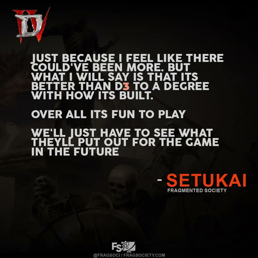 fragsoci's tweet photo. Diablo 4 has been out for a month now. How many hours have you lost grinding? Did you try to hit level 100 in Hardcore? Or are you casually destroying screens full of mobs in dungeons. Here's what some of our members think of the game so far. https://t.co/tJY7fdu8EB