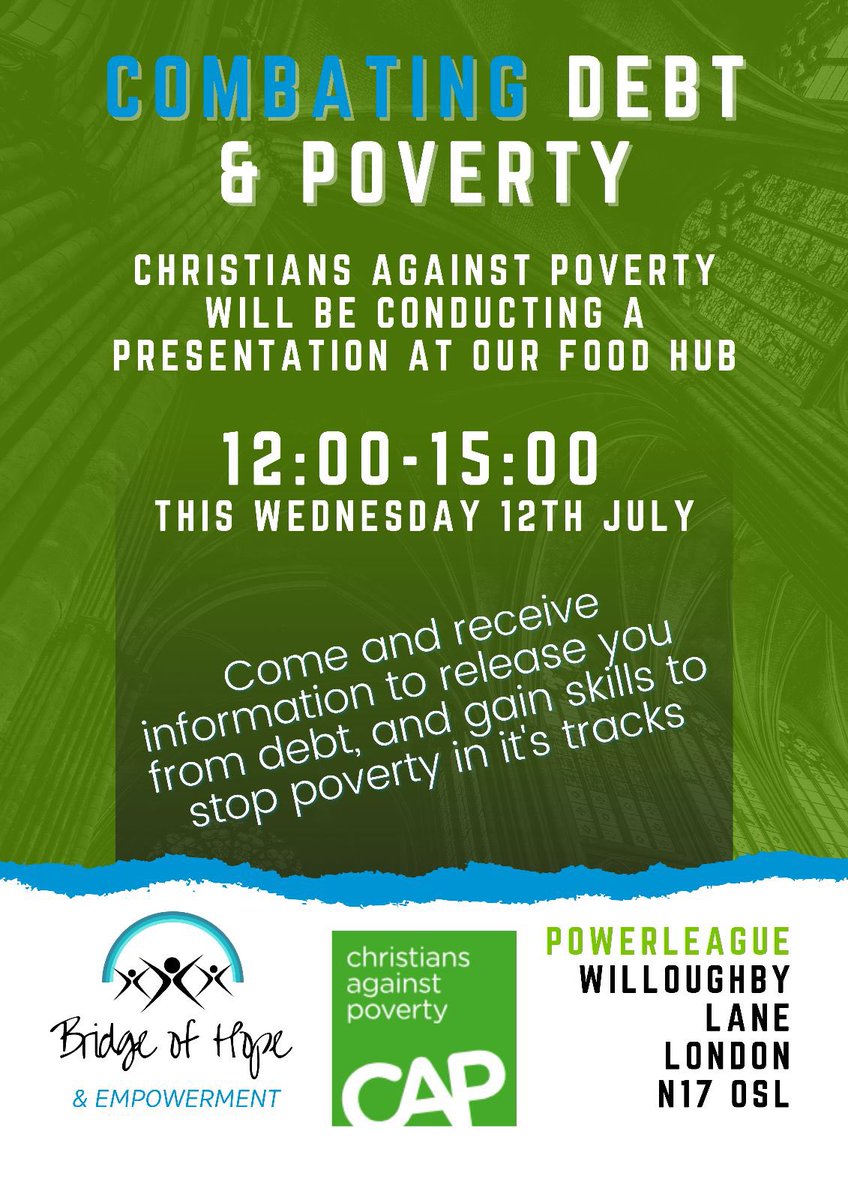 Bridge of Hope &amp; Empowerment are working with ‘Christians Against Poverty’ to break the cycle of debt and stop poverty in its tracks.

We are calling all to come and listen and learn of the life changing advice.

Wed 12th July,  12-3pm
🚨It’s not to be missed🚨