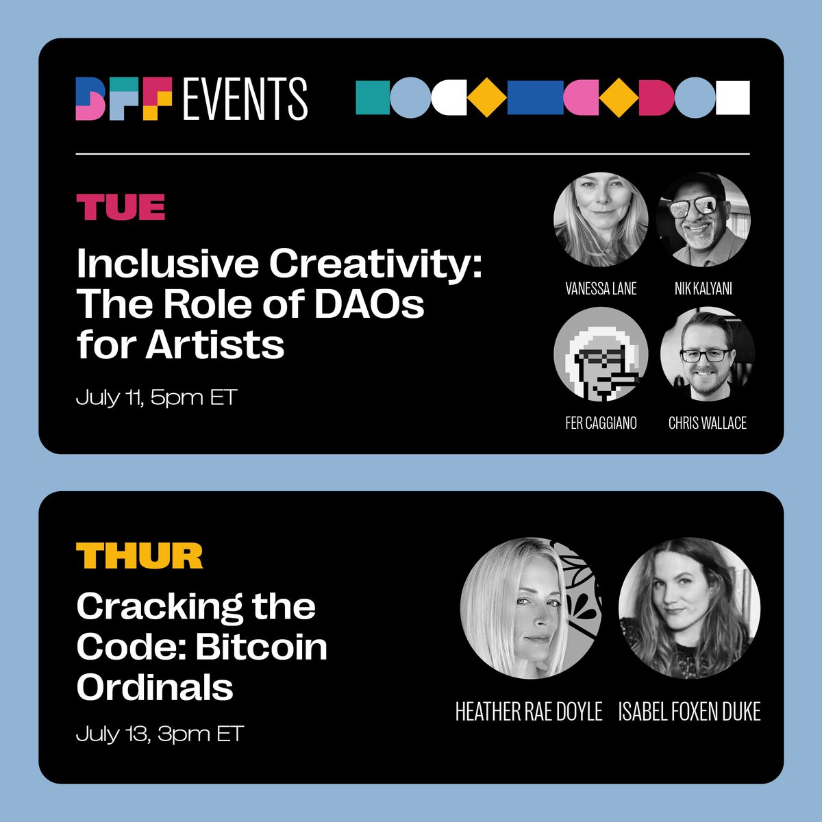 Next week we dive into the role of DAOs in empowering artists and unravel the mysteries behind Bitcoin ordinals.

🎨 Inclusive Creativity: The Role of DAOs for Artists
👩‍💻 Cracking the Code: Bitcoin Ordinals

👉 Add to calendar: mybff.com/events
