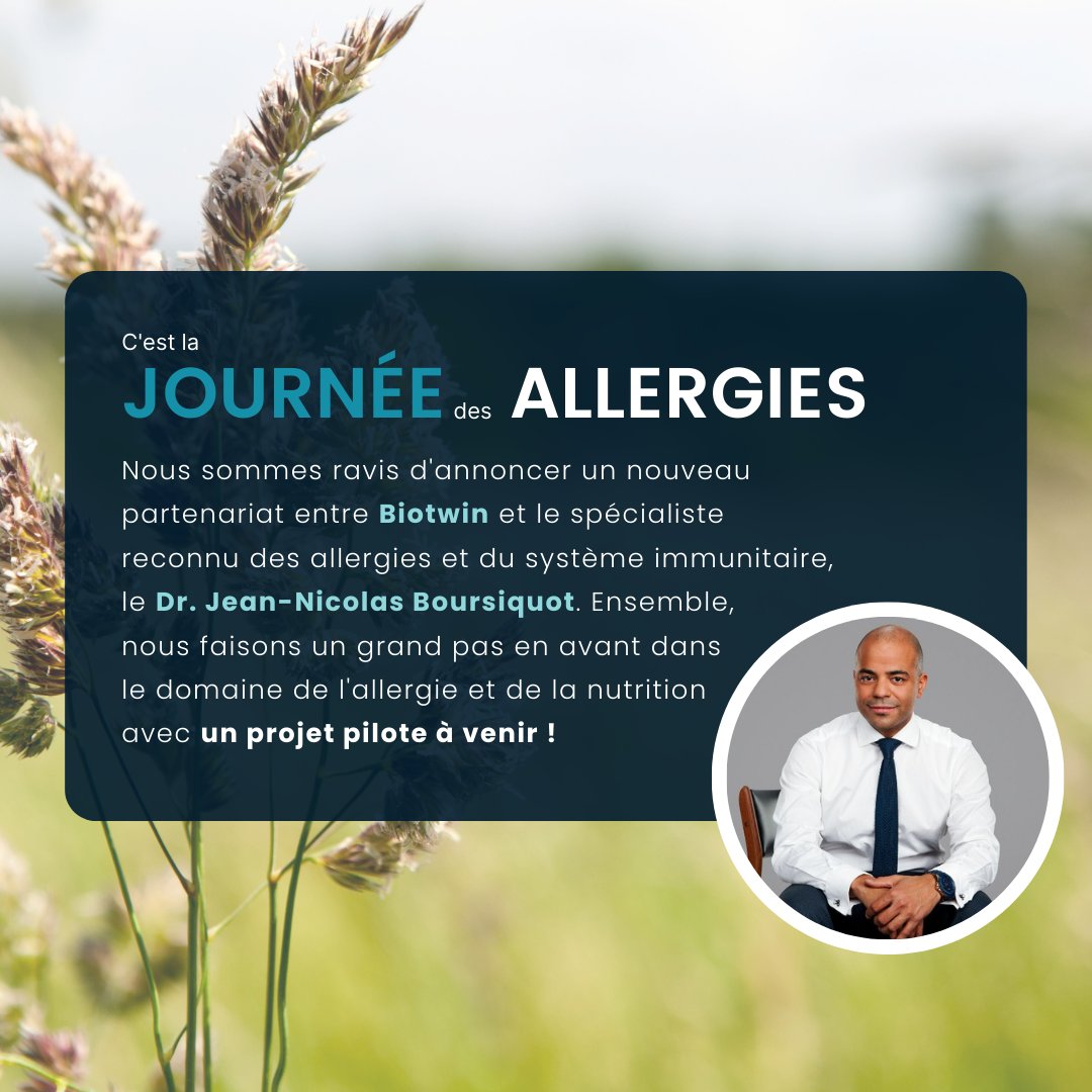 🌼C’est la journée des allergies!
Annoncement d'un nouveau partenariat entre <a href="/Biotwin/">BIOTWIN</a> et <a href="/DrBoursiquot/">Dr Jean-Nicolas Boursiquot</a>, spécialiste reconnu des allergies et du système immunitaire. Ensemble, nous franchissons une étape importante dans l'allergie et la nutrition avec un projet pilote à venir!