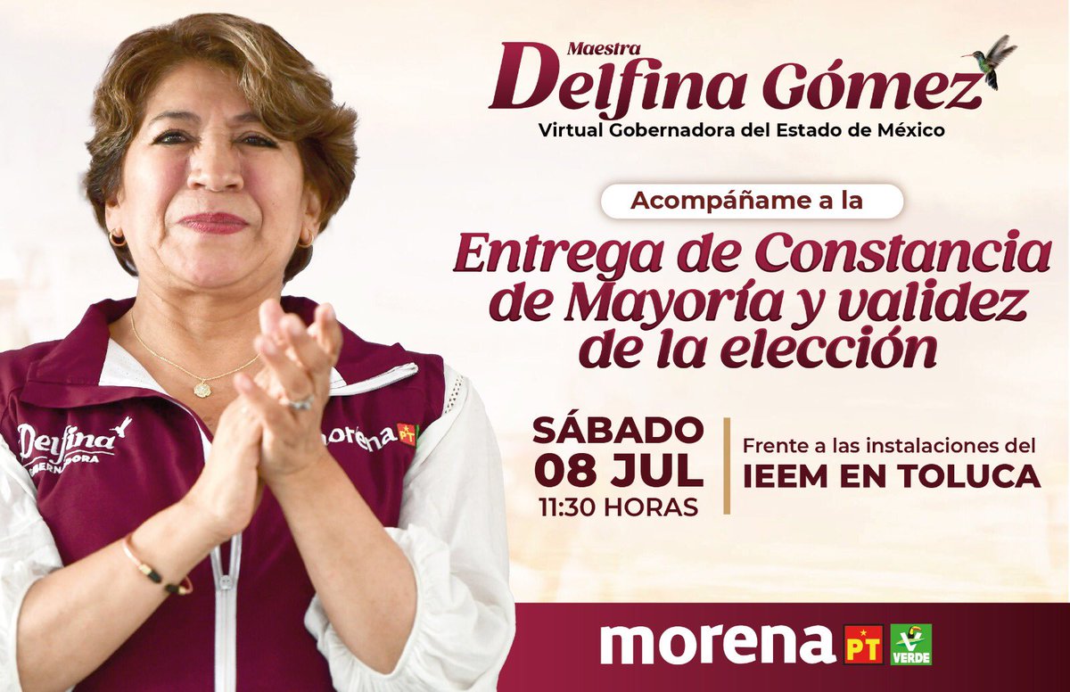 Con mucho entusiasmo e infinitamente agradecida con el pueblo del Estado de México, les invito mañana al <a href="/IEEM_MX/">IEEM</a> para la entrega de la constancia de mayoría como Gobernadora Electa del Estado de México. Esta victoria fue gracias a ustedes que con su voto hicieron posible que la
