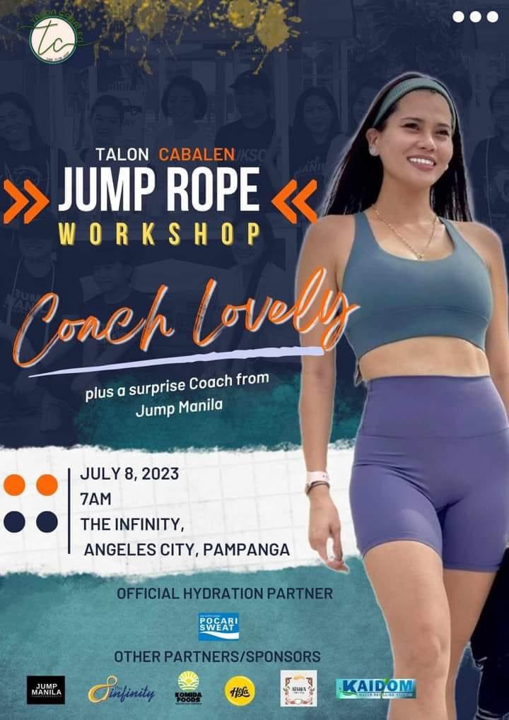 Join us again for a FREE JUMPROPE WORKSHOP this Saturday July 8, 7AM-10AM at THE INFINITY, (Amphitheater across Landers and near Marquee Mall), Angeles City

FREE and there’s No registration, punta lang kayo and beginners are very welcome to join😊