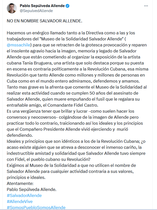 HildaLandrove's tweet photo. Reacciones por la exposición de @BrugueraEstudio en el Museo de la Solidaridad Salvador Allende. Lo que debería dar vergüenza es seguir defendiendo el  régimen cubano y contribuir a hacer pasar una tiranía por una revolución https://t.co/tIyFemShFK