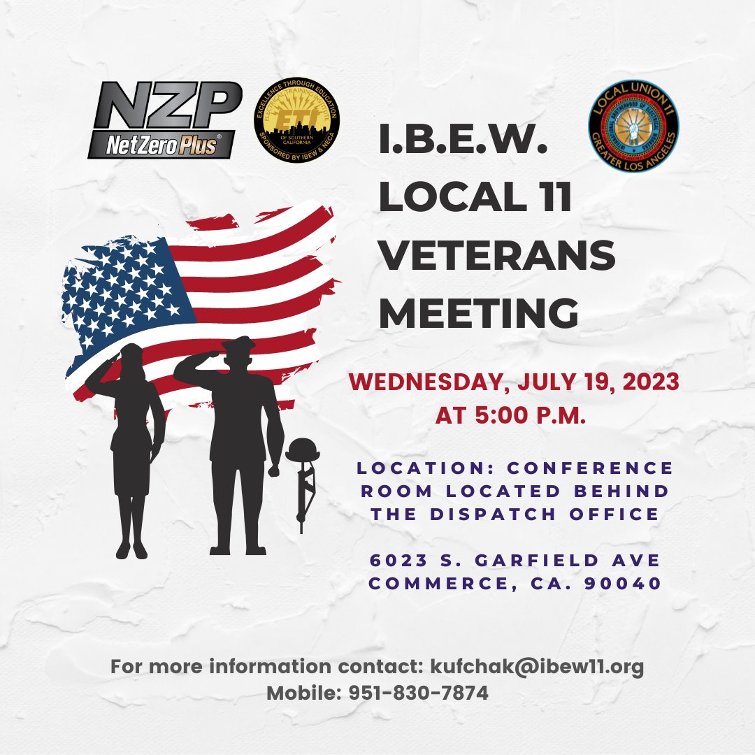 Calling all #Veterans the IBEW Local 11  Director of Veterans Affairs, Mike Kufchak will host veterans meeting on Wednesday, July 15 at 5:00 p.m. For more information email kufchak@ibew11.org.
.
.
#VEEP #L11 #NZPETI #vet #April #veterans #apprenticeships