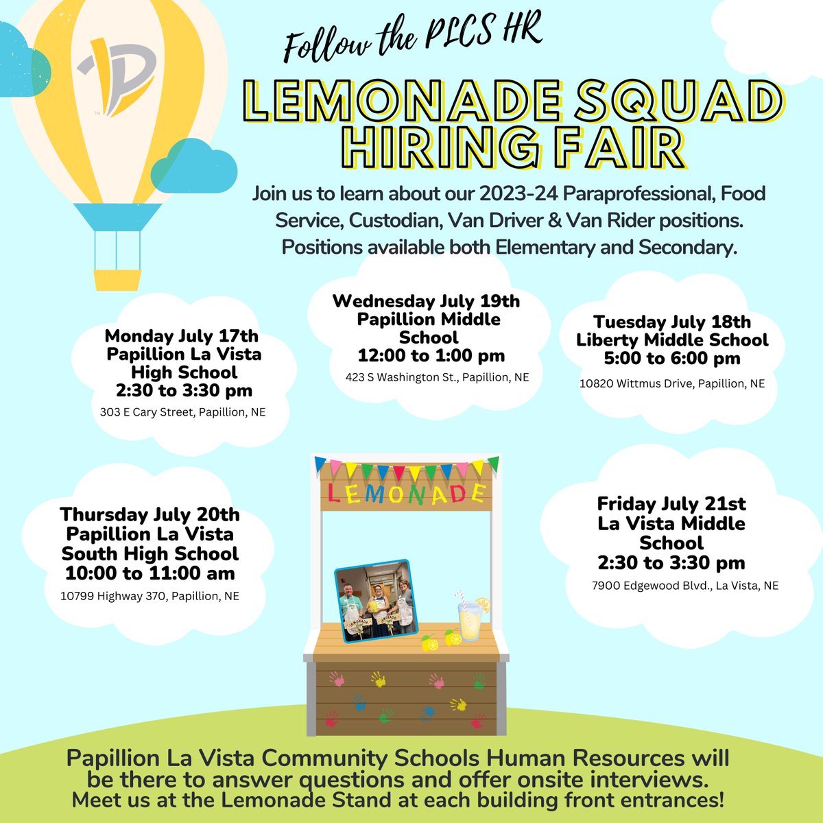 Our PLCS HR Department will be coming to a location near you the week of July 17-21. Come visit our Lemonade Squad Hiring Fair any one of these days to see how you (or someone you know) can JOIN US to become a difference maker at PLCS! See you at the lemonade stand! #PLCSGreat