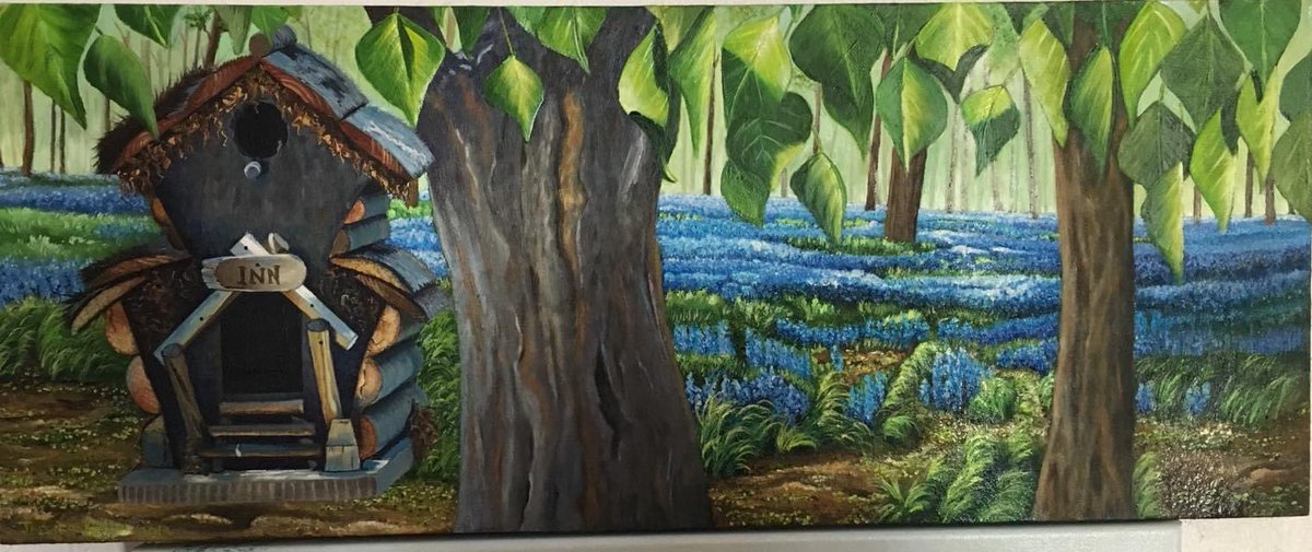 "Garden Birdhouse", Oil on 12"x30" canvas, wrapped. 
$225.00 + S&amp;H
Available for purchase. 
Flexible payment plans available.

#art #artwork #oilpainting #painting #oil #birdhouse #trees #forest #bluebells #floral #flowers #landscape #artinfresno #fresnoartist #JessicaKellerArt